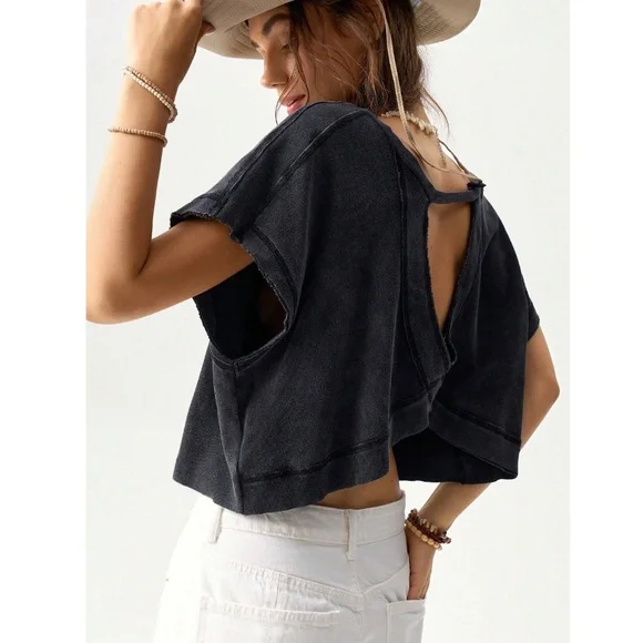 Black Cotton Oversized Cropped Muscle Tee Shirt Raw Hem and Inside Out Stitches - Picture 4 of 11